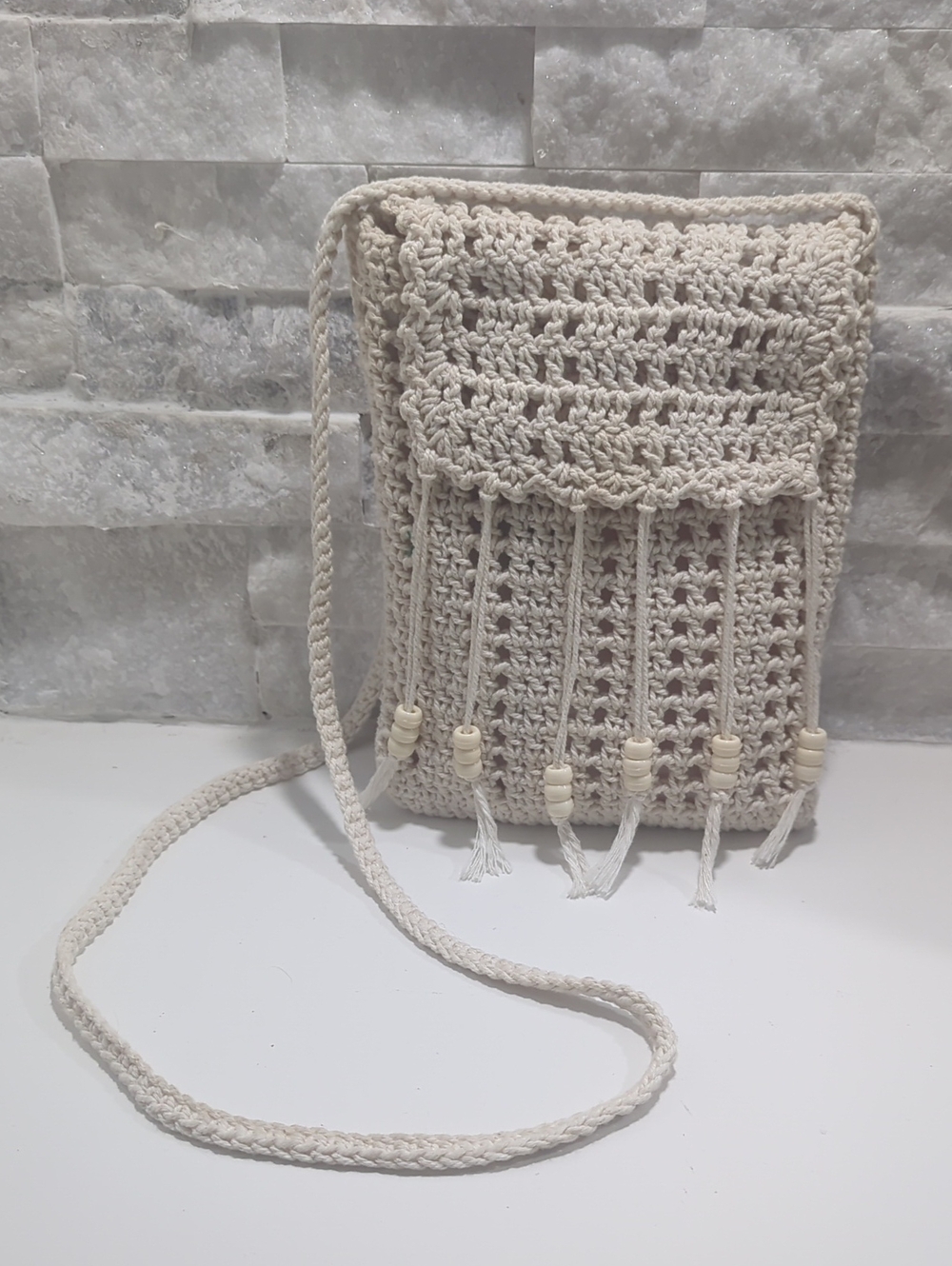 Cream Crochet Crossbody Bag with Bead Fringe